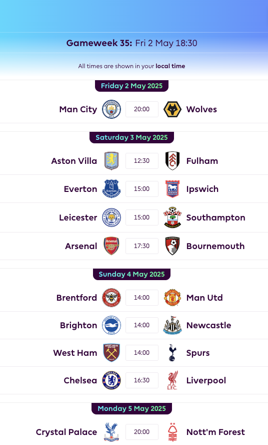 FPL GW35 Fixtures